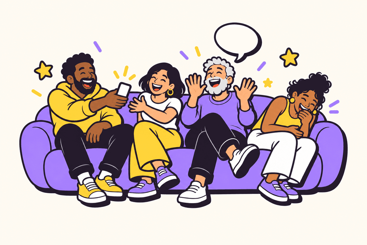 Four friends on a sofa, laughing, as one passes a phone to the next